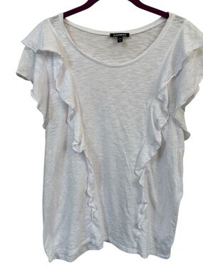 Express White Ruffle Sleeve Tee Top Soft Cotton Modal Size L Casual Girly Basic‎